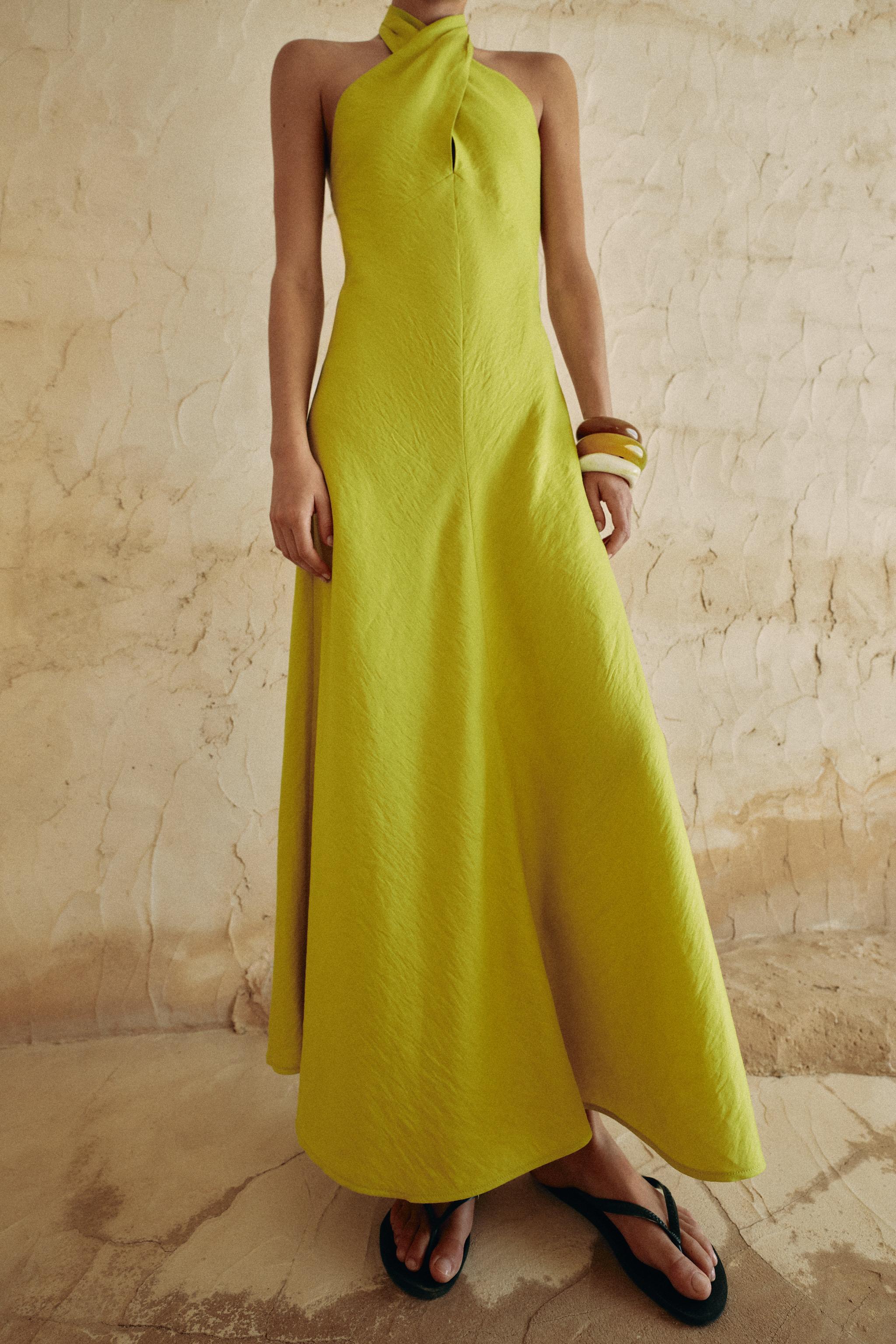 LINEN WRAP HALTER MIDI DRESS